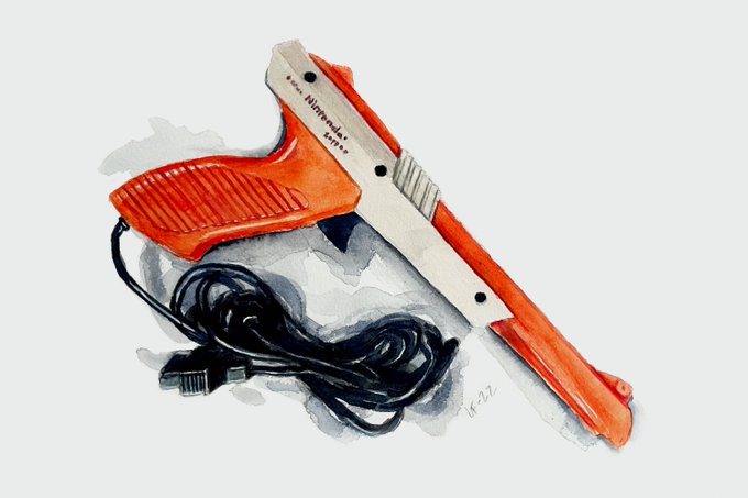 A watercolor illustration of a Nintendo-branded light gun controller with a coiled black cord.