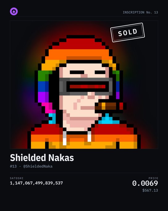 A digital NFT listing shows a pixel art character named 'Shielded Nakas' (@ShieldedNaka) marked as 'SOLD' for 0.0069 SATOSHI, dated with inscription No. 13.
