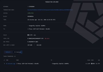 The image shows a blockchain transaction explorer (Etherscan) displaying a "Dragonfly Capital" wallet address receiving a large transfer of 15,250,000 ERA tokens (valued at $0.0089561 each, totaling approximately $127,306), which corresponds to the $1.25M ERA distribution mentioned in the post about Dragonfly Capital's recent token receipt.