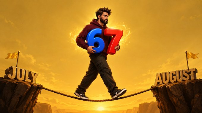 The image depicts a man walking on a tightrope stretched between two cliffs labeled "JULY" and "AUGUST," symbolizing the transition between months. He carries the numbers "67" (a blue "6" and red "7") against a golden sky, visually representing the "$67" token and the "$sixsevenapp" mentioned in the caption as the creator moves from July into August without slowing down.