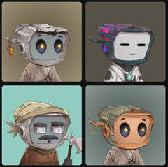Four square panels display cartoon-style robot characters with different headgear and accessories against various colored backgrounds.