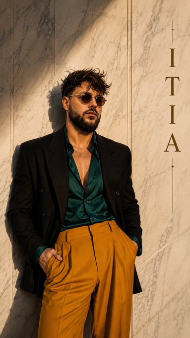 A stylish man wearing sunglasses, a green satin shirt, a black blazer, and mustard yellow trousers leans against a marble wall with the text 'ITIIA' written vertically.