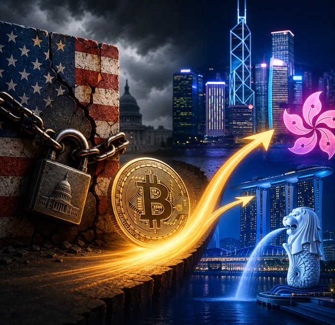 A cracked American flag encased in chains with a lock featuring the U.S. Capitol symbolizes U.S. regulatory restrictions on crypto, while a glowing Bitcoin coin's arrows point toward Hong Kong's skyline with the Bauhinia flower emblem and Singapore's Merlion statue, illustrating the potential flight of digital asset capital from the US to Asian hubs if the CLARITY Act is delayed.
