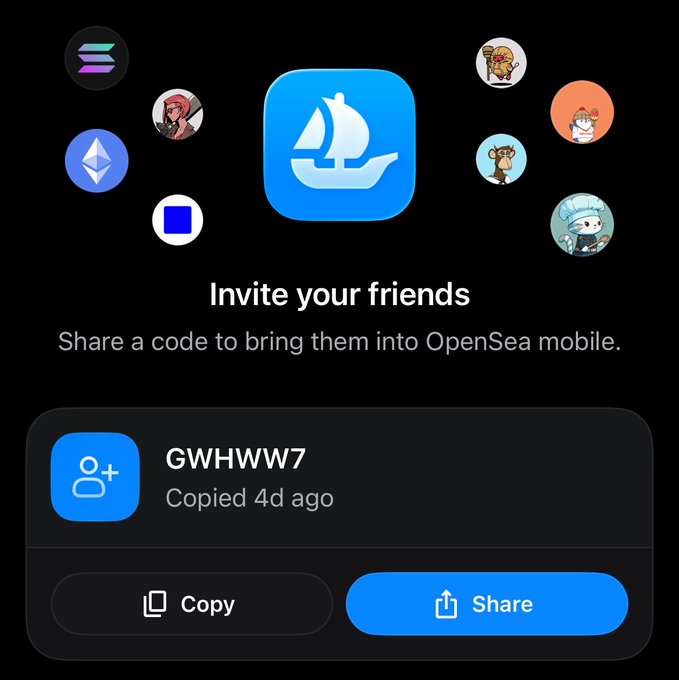 A screenshot of an OpenSea mobile app invite screen displaying the referral code 'GWHWW7' with Copy and Share buttons.