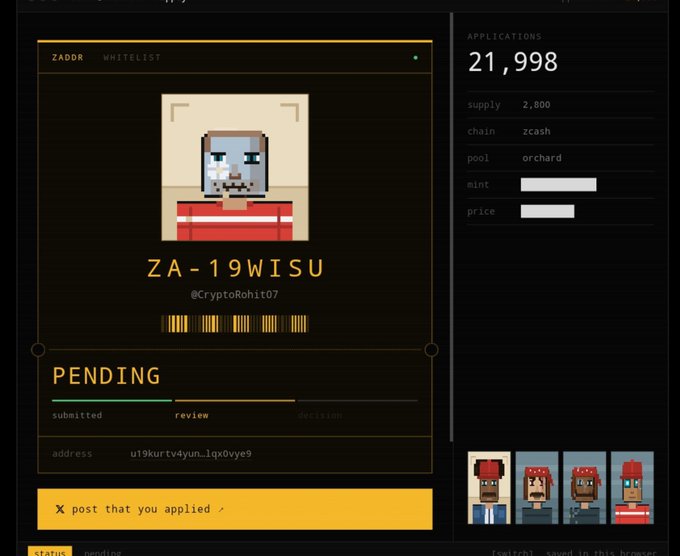 A pending ZAD0R whitelist application screen shows submission "ZA-19WISU" by @CryptoRohit07, with an application count of 21,998 and a mint price listed in ZCASH via the orchard pool. The pixelated "prisoner" avatar with a barcode conveys frustration about the lengthy review process and perceived favoritism toward larger influencers despite early supporter contributions.