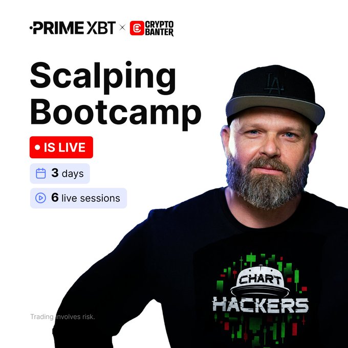 Promotional graphic for the "Scalping Bootcamp" featuring a bearded man wearing a black "Chart Hackers" cap and shirt, with details indicating it's currently live (3 days, 6 live sessions) and branded with PrimeXBT and Crypto Banter logos. The image directly supports the accompanying post announcing the start of Dylan (@thelordofentry) of Chart Hackers' 6-workshop series on the ORB framework, market analysis, risk management, and trader psychology.