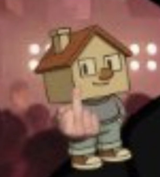 A blurry cartoon depicts a house-headed character giving a middle finger, standing in what appears to be a pink-toned room.