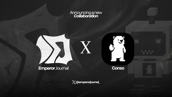 The image announces a new collaboration between "Emperor Journal" (@emperorjournal_) and "Conso," featuring their respective logos separated by an "X" against a dark background, visually representing the partnership described in the accompanying post about Conso building a consumer reputation layer on Sui.