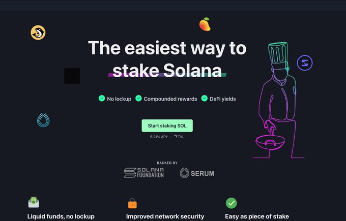 A promotional webpage for staking Solana (SOL) advertising 'The easiest way to stake Solana' with 'No lockup, Compunded rewards, DeFi yields' and a '6.21% APY' yield, backed by Solana Foundation and Serum.