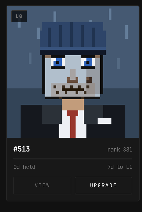 A pixel-art character NFT card showing a gray-skinned zombie-like figure in a suit and tie with the number '#513' and rank 881, with options to view or upgrade.