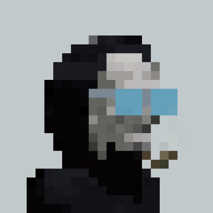 A pixelated black and white portrait of a person wearing blue sunglasses on a light blue background.
