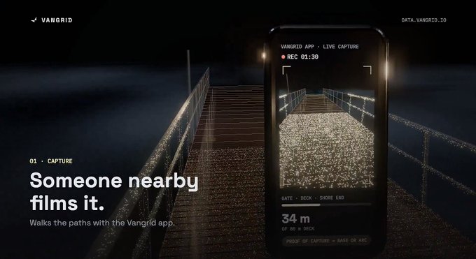 A dark promotional graphic for the “VANGRID” app shows a night dock and a phone labeled “VANGRID APP - LIVE CAPTURE.” Visible text includes “Someone nearby films it.” “Walks the paths with the Vangrid app.” and “34 m.”