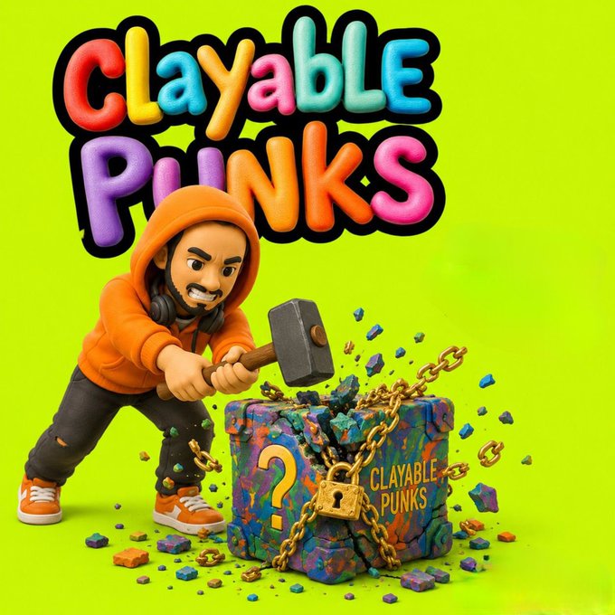 A 3D rendered advertisement for 'CLAYABLE PUNKS' featuring a claymation-style character in an orange hoodie smashing a colorful chain-locked cube with a hammer against a bright green background.
