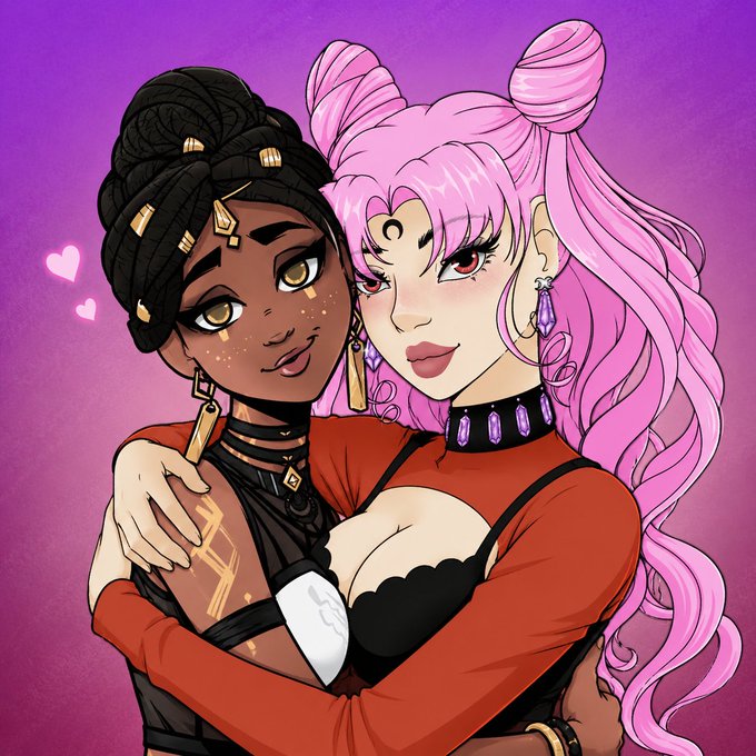 Anime-style artwork depicting two characters—a dark-skinned woman with braided hair and golden accessories embracing a pale-skinned woman with pink twin-tail hair and purple jewelry—against a purple background with small hearts.