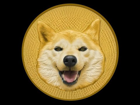 A gold-colored coin featuring a smiling Shiba Inu (Doge) dog's face against a black background, resembling the Dogecoin cryptocurrency branding.