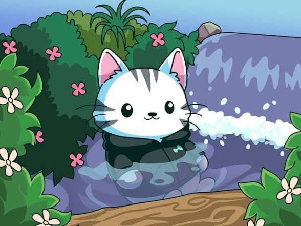 A cute cartoon cat wearing a black wetsuit surfs on a water slide surrounded by tropical foliage and pink flowers, evoking a fun, celebratory mood fitting for the Hyperliquid ($HYPE) all-time high announcement.