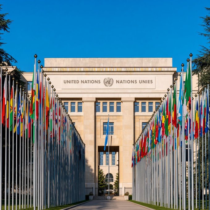 The United Nations building in Geneva with the text 'UNITED NATIONS NATIONS UNIES' above the entrance, framed by rows of international flags under a clear blue sky.