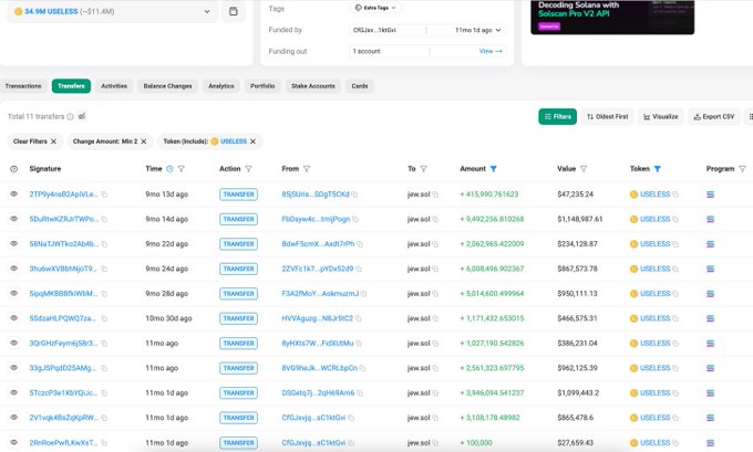 A blockchain explorer screenshot showing USELESS token transfers totaling 34.94M USELESS, with a list of 11 recent transfers including transaction details, amounts, and values in dollars.