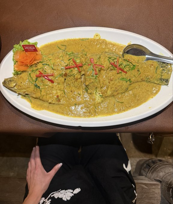 A whole fish smothered in a rich yellow curry sauce sits on an oval white plate garnished with red chili strips and herbs, with a small "Michelin Guide" placard and a serving spoon beside it. The caption "this 1kg fish cost 0.15 SOL that's a steal right!?" jokes about the unusually large, restaurant-style fish curry being available for an absurdly low price of 0.15 Solana.