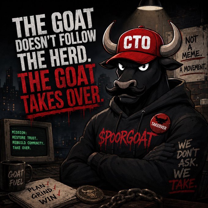 A dark motivational poster features a horned bull in a 'CTO' hat and '$POORGOAT' hoodie, with text 'THE GOAT DOESN'T FOLLOW THE HERD. THE GOAT TAKES OVER.'
