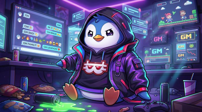 A stylized penguin in a dark hoodie and red-accented jacket sits surrounded by glowing monitors displaying "GM," crypto memes, and dashboards, with spilled energy drinks and chips scattered around. The image visually captures the "GM #NAKAFAM" post by embodying the everyday grind and casual energy of the crypto community.
