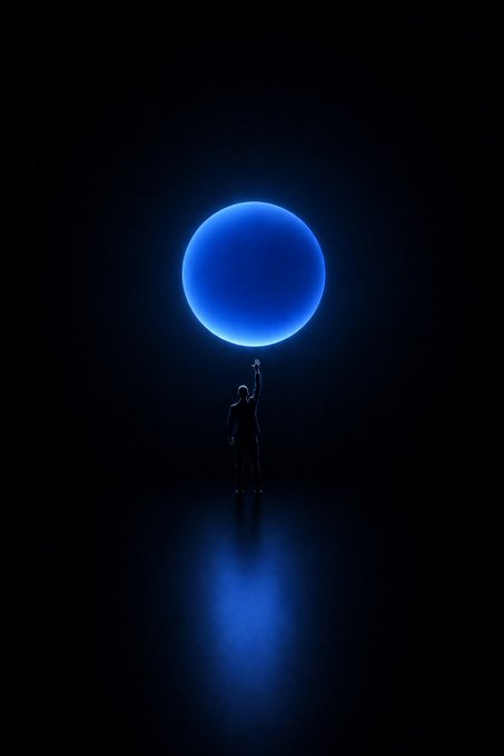 A lone silhouette reaches up toward a glowing blue orb in the darkness, illuminated by its soft light reflected on the floor below. The image mirrors the post's message of invisible infrastructure—the figure doesn't need to understand the technical foundation (the luminous sphere above), only that the connection works seamlessly to reach them, just as @PredictFDN expanding to Base brings its services closer to users without requiring them to think about the underlying chain.