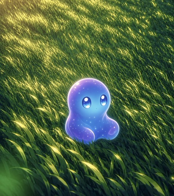 A small, cute purple and blue blob-like creature with large sparkling eyes sits in a field of green grass illuminated by warm sunlight.