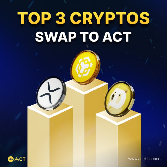 A promotional graphic titled 'TOP 3 CRYPTOS SWAP TO ACT' featuring gold pedestals displaying BNB, XRP, and Dogecoin tokens, branded by acet.finance.