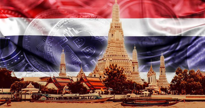 The image shows the iconic Wat Arun temple in Bangkok with the Thai national flag overlaid and a Bitcoin seal, visually connecting the post's discussion of the Bank of Thailand's increased scrutiny of large-value USDT transactions to the country itself.