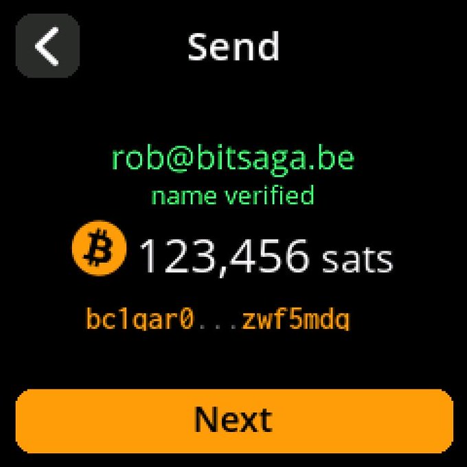 A Bitcoin wallet "Send" screen showing a transfer of 123,456 sats to the verified Lightning address rob@bitsaga.be, with a truncated Bitcoin address bc1qar0...zwf5mdq displayed above a Next button.
