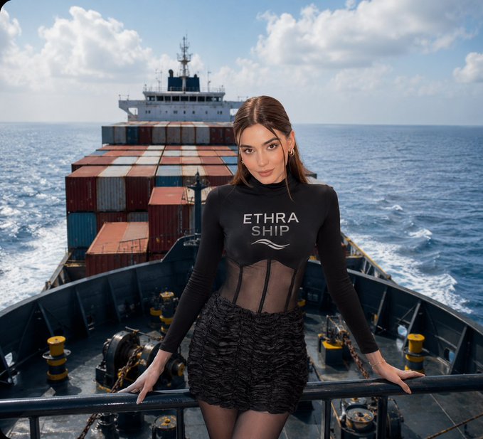 A woman wearing a black "ETHRA SHIP" top and skirt poses confidently on the deck of a massive cargo ship loaded with shipping containers at sea, visually representing the maritime shipping industry that the accompanying post discusses Ethra's mission to tokenize and democratize.