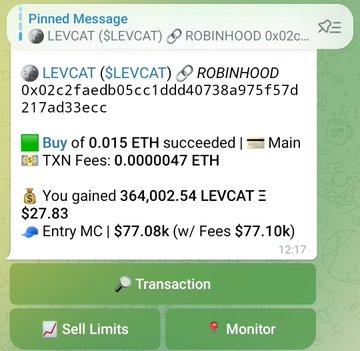 Telegram chat showing a pinned message from LEVCAT ($LEVCAT) on Robinhood contract 0x02c2faedb05cc1ddd40738a975f57d217ad33ecc, confirming a successful buy of 0.015 ETH with a gain of 364,002.54 LEVCAT ($27.83) and entry market cap of $77.08k.