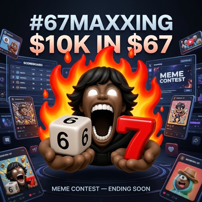 The image promotes a "$67MAXXING" meme contest with bold text "MEME CONTEST — ENDING SOON," featuring a screaming cartoon character surrounded by flames, holding a die showing "6" alongside a "7," symbolizing the $SIXSEVEN token. Surrounding screens display social media-style posts, a scoreboard, and "MEME CONTEST" branding, reinforcing the post's emphasis on community engagement and viral momentum around the $SIXSEVEN meme token.