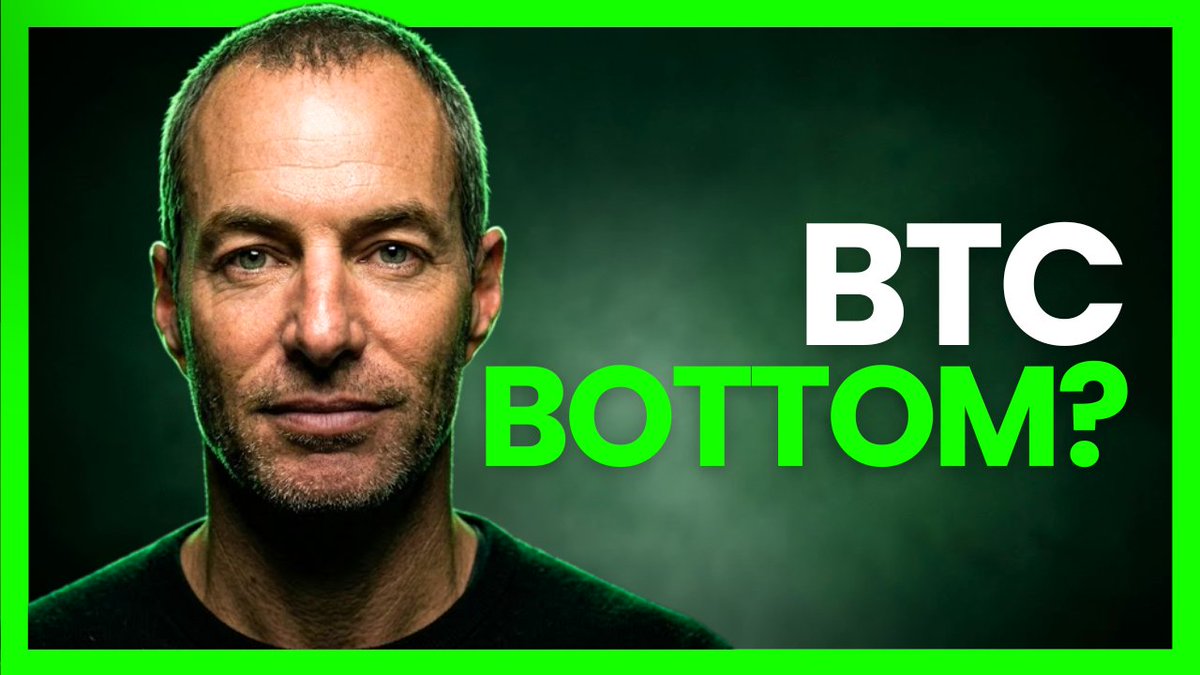 The image is a YouTube thumbnail featuring a man's portrait against a dark green background with the text "BTC BOTTOM?" in bold white and green lettering. The thumbnail, likely from a crypto analysis video, aligns with the post's message about Bitcoin serving as a hedge against geopolitical instability and prolonged conflict, suggesting a discussion about Bitcoin's price bottom in light of the escalating Iran situation.