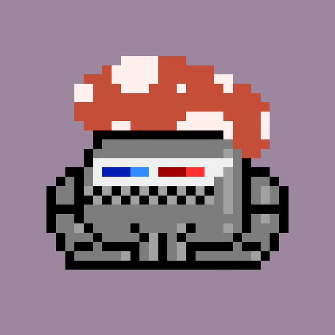 A pixel art illustration of a retro, CRT-monitor-headed character with a red and white mushroom-like cap.