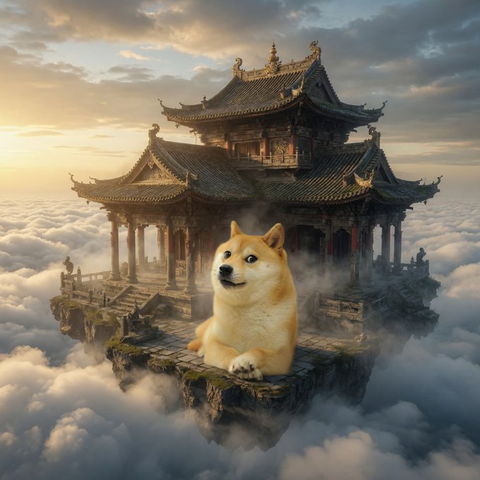 A Shiba Inu dog sits majestically atop a traditional Chinese temple floating above the clouds, symbolizing Dogecoin's ("$DOGE") soaring rise to sky-high heights. The elevated perspective of the dog overlooking the heavens reflects the hopeful sentiment of reaching greater heights in value.