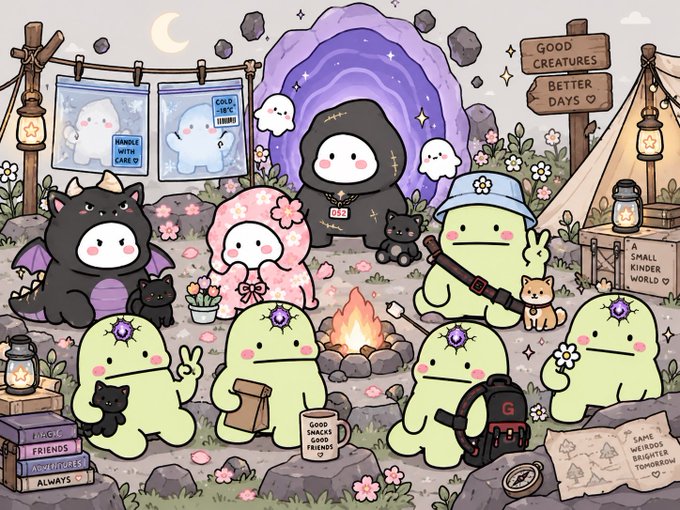 A cute, pastel-colored illustration of various small creatures, including green blob-like figures, a black bat-like character, and a pink flower-themed character, gathered around a campfire near a magical portal, with signs reading 'GOOD CREATURES BETTER DAYS' and various other small texts.