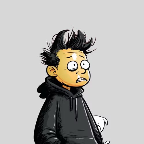 A cartoon illustration depicts a character with messy black hair, wide anxious eyes, and a worried expression, wearing a black hoodie, with a small white creature peeking out from behind.
