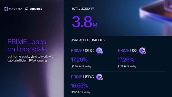 A Hastra 'Loopscale' promotional graphic highlighting 'PRIME Loops on Loopscale' with $3.8M total liquidity and yield strategies like PRIME USDC, PRIME USX, and PRIME USDG.