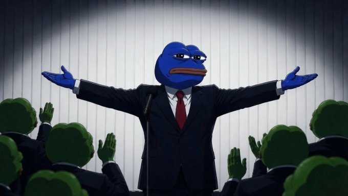 A meme image showing a blue Pepe the Frog character in a suit with arms outstretched, standing at a podium before an audience of green-headed figures.