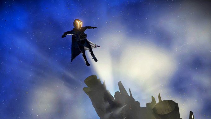 A figure in a dark cloak with a glowing helmet falling or floating through a blue, starry sky with bright light rays streaming from below.