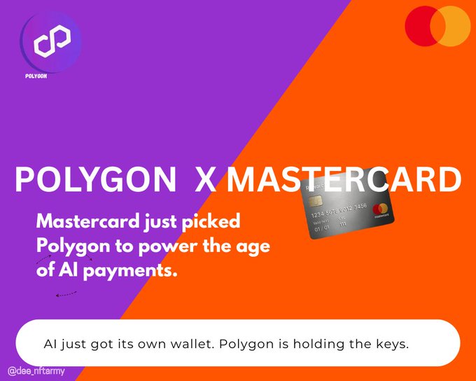 The image features a purple background with an orange border, and the text "Polygon X Mastercard" written above it. Below this, there's a small image of a credit card, which appears to be a Mastercard. The text below the image reads, "A large share of future payments will likely be handled by AI agents." This suggests that Polygon is using artificial intelligence (AI) to manage and process payments in the future.
