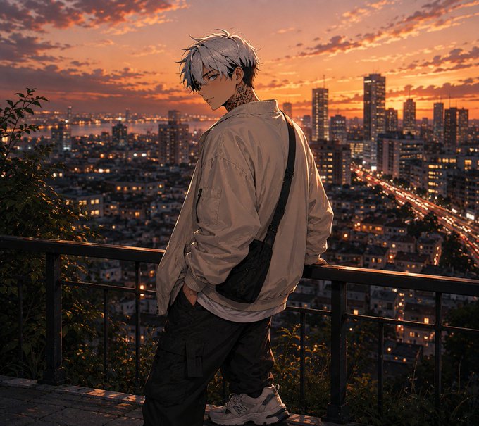 An anime-style illustration of a silver-haired male character in a beige jacket and dark cargo pants standing at a railing, overlooking a sprawling city at sunset.