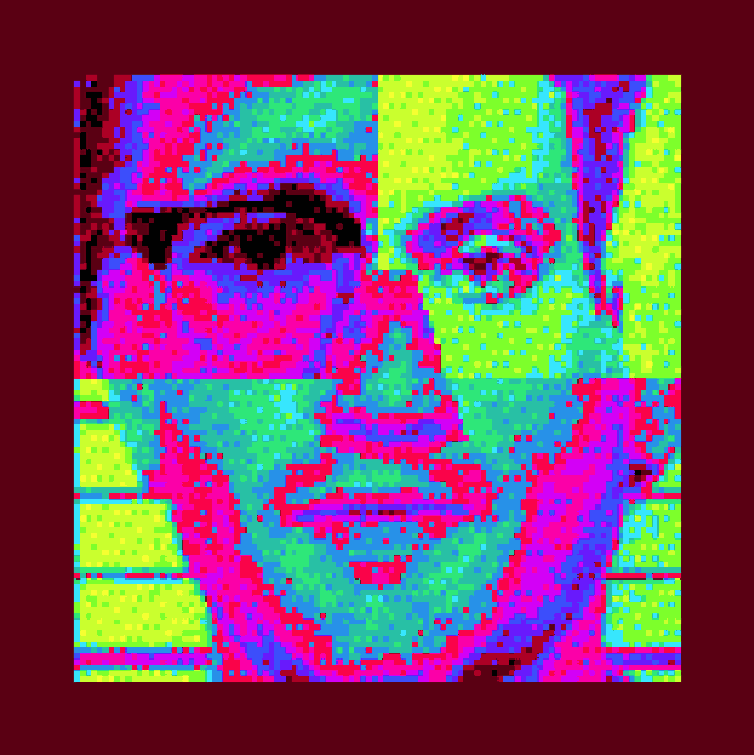A pixelated, brightly colored digital portrait featuring neon green, pink, and blue hues depicting a face with prominent eyes and lips.