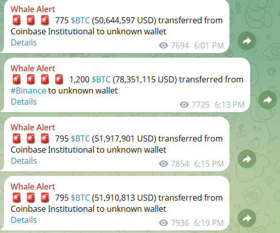 A screenshot of multiple 'Whale Alert' Telegram notifications showing large Bitcoin ($BTC) transfers from Coinbase Institutional and Binance to unknown wallets, with values like 775 $BTC and 1,200 $BTC.