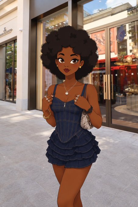 An illustrated character of a woman with an afro wearing a blue denim ruffled dress, standing in front of a storefront with a small handbag.