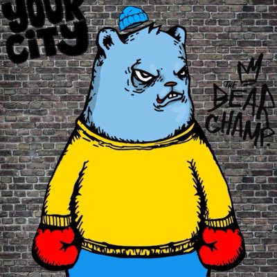 A cartoon illustration shows a light blue bear wearing a yellow sweater, blue beanie, and red boxing gloves against a brick wall, with graffiti reading 'YOUR CITY' and 'DEAD CHAMP'.