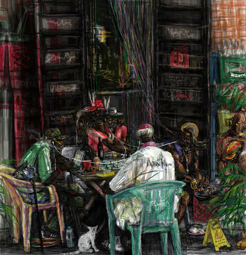 A painterly digital artwork depicting several Black men seated around a table in what appears to be an urban storefront setting, rendered with loose, sketchy brushstrokes and graffiti-covered walls in the background.