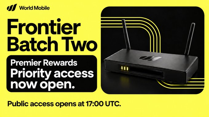 A World Mobile advertisement for 'Frontier Batch Two' announcing 'Premier Rewards Priority access now open' with public access opening at 17:00 UTC, featuring an image of a black wireless router device.
