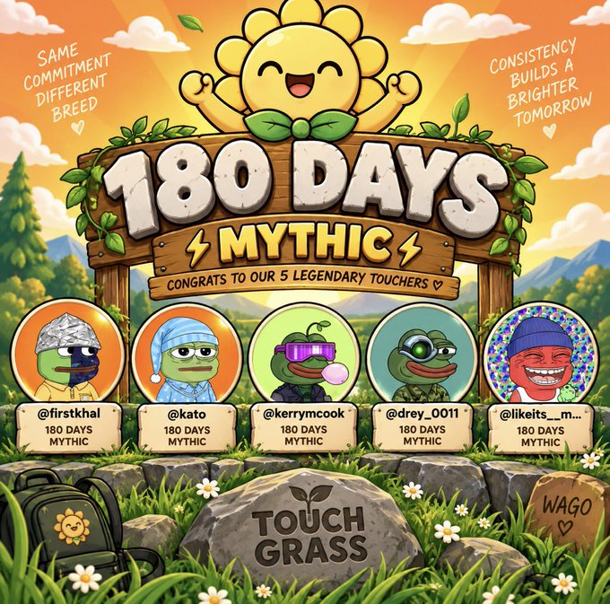 A colorful illustrated graphic celebrating '180 DAYS MYTHIC' achievement for 5 Discord users (@firstkhal, @kato, @kerrymcook, @drey_0011, @ilikeits_m...) with the tagline 'TOUCH GRASS'.